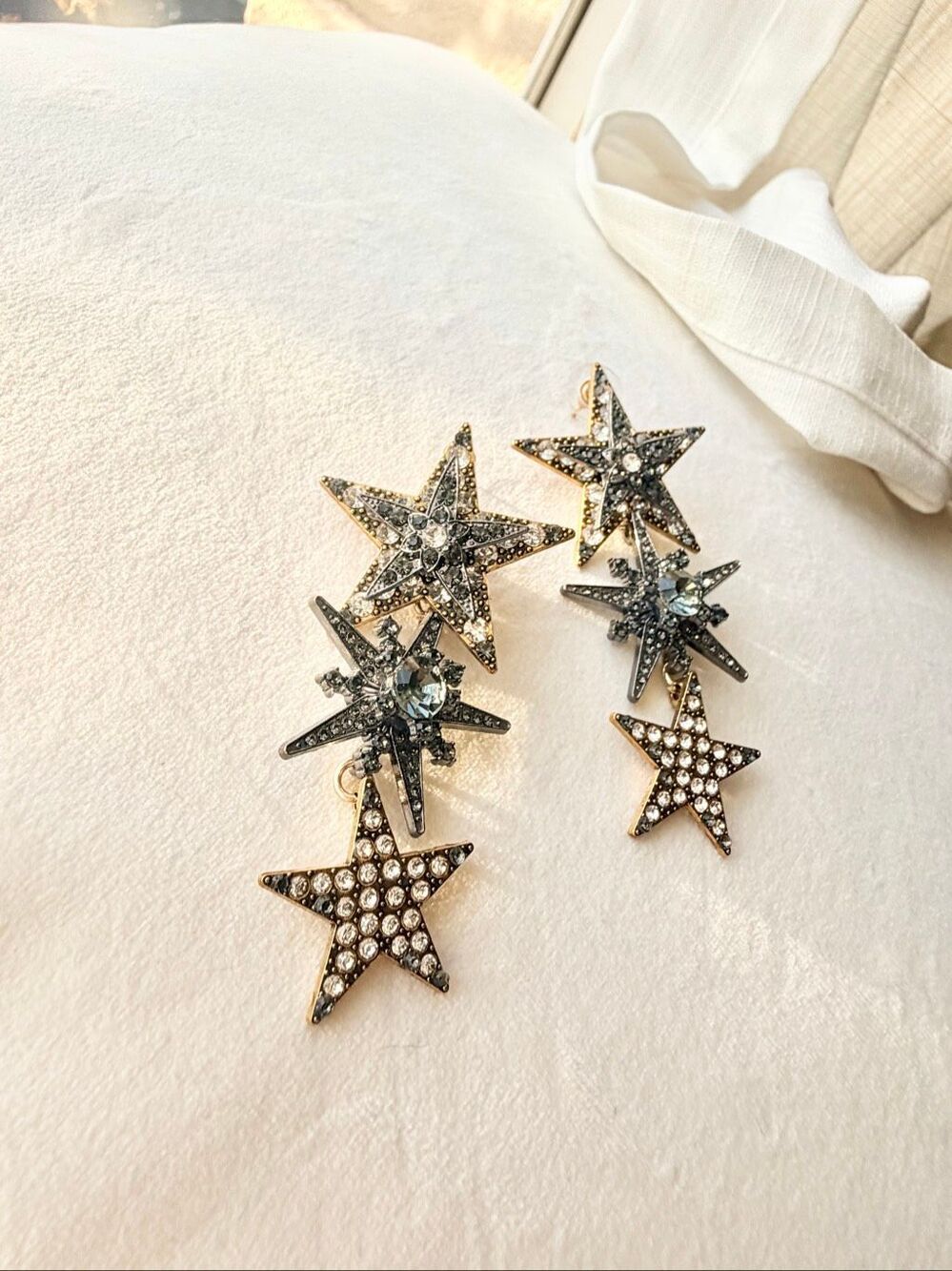 Crystal Star Drop Earrings Black Gold Celestial Statement Earrings
